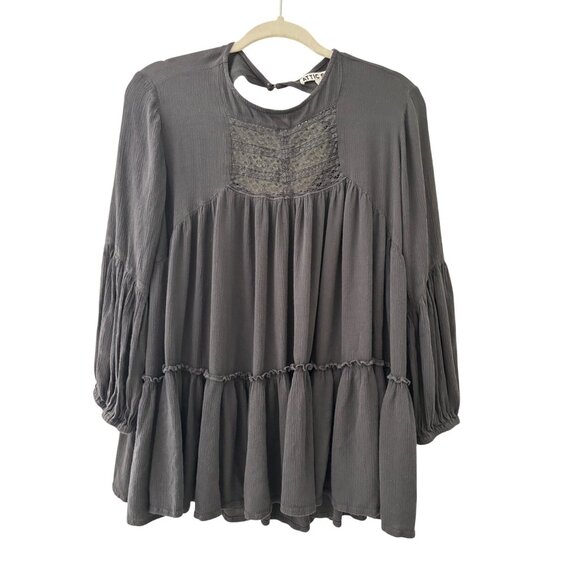 Attic Salt Womens Boho Crochet Pleated Tunic Blouse Size M Gray Rayon Flowy - Picture 9 of 15